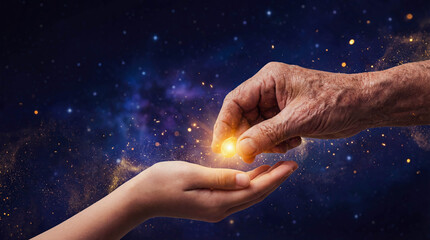 Elderly hand passing glowing seed of knowledge to young hand abstract concept of wisdom transfer legacy generation hope education mentorship light sparkle night sky background copy space