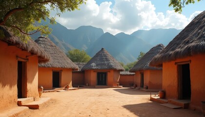 Traditional huts with thatched roofs form a village courtyard. Orange clay buildings stand against mountains. Daytime scene shows simple rural life in a peaceful settlement.