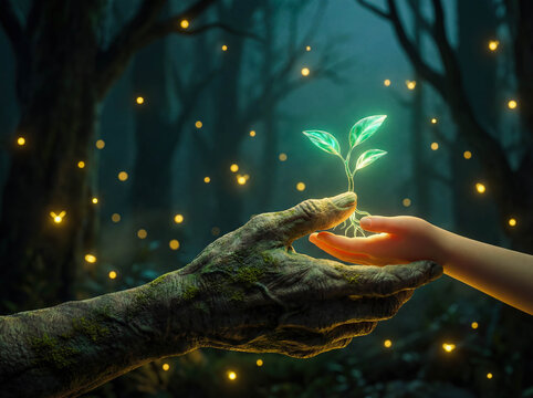 Hands passing glowing sprout of life and knowledge abstract concept of sustainability growth ecology wisdom generation legacy future nature conservation background copy space light - Powered by Adobe
