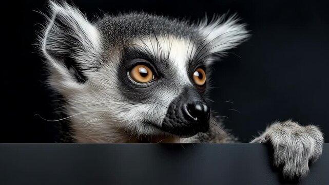 A baby lemur is looking at the camera. The lemur is looking at the camera with a curious expression