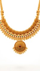 Intricate gold necklace with ruby and emerald accents