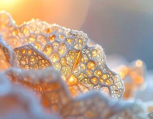 Fototapeta premium Golden Embrace: An ethereal macro shot reveals the delicate dance of sunlight filtering through the intricate patterns of a frosted plant, evoking a sense of wonder and tranquility.