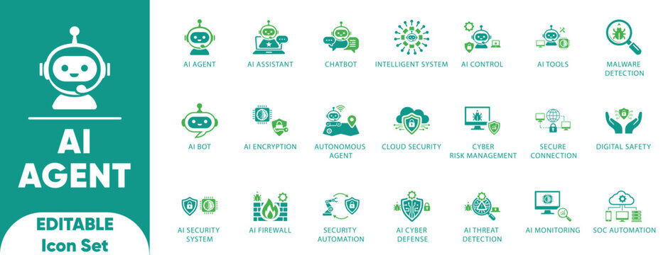 AI agent and security icon set. Features chatbot, robot, shield, and smart cloud icons. Perfect for SaaS UI, cybersecurity, and web defense.