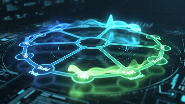 Neon blue glowing circular workflow diagram with connected nodes plan build test monitor deploy holographic software development lifecycle node driven agile plan build test deploy visualization