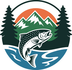 Trout Jumping in Mountain River at Sunset