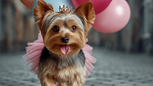 A small dog wearing a pink tutu is walking down a street. The dog is wearing a tiara and he is happy