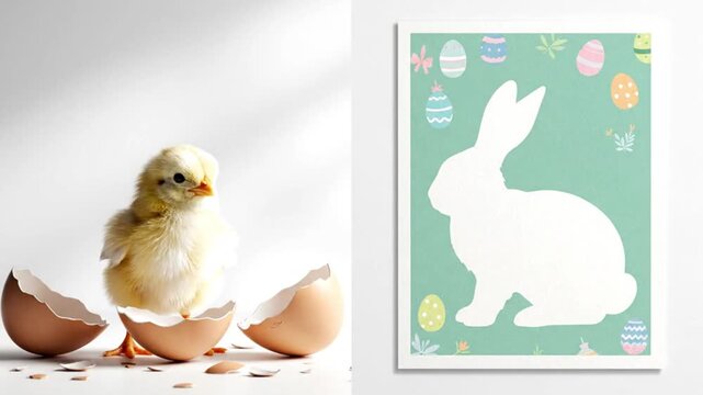 A cute baby chick hatching from an egg in slow motion. Split screen with an Easter bunny greeting card illustration. Happy Easter and spring celebration concept