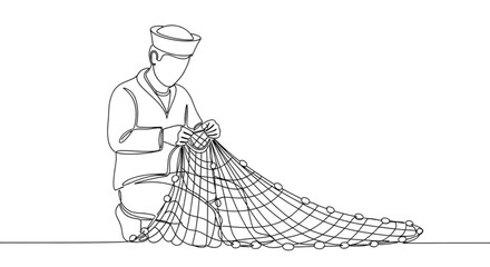 Sailor repairing fishing net while sitting on the ground indoors  