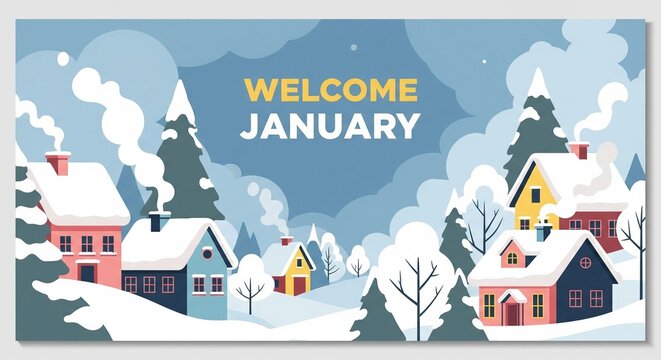 Cozy Winter Village Scene with Snow-Covered Houses and Smoke Rising From Chimneys Welcoming January