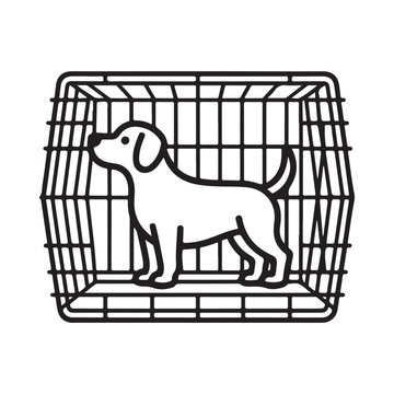 A cute dog looking out from inside a wire pet carrier