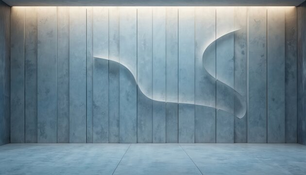 Contemporary empty room with textured grey concrete wall panels, soft backlighting. Subtle wave design element with glowing edge adds modern architectural accent. Clean floor space creates minimalist