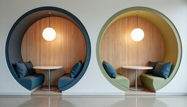 Two circular office booths provide cozy spaces for collaboration and meetings. Modern interior design with wood panels and soft seating encourages teamwork and creativity in a pro setting. - Powered by Adobe