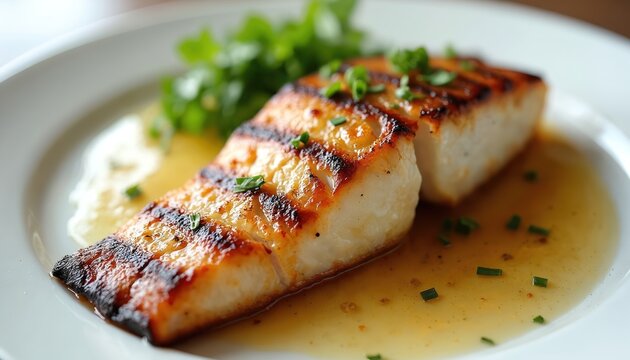 Grilled grouper fillet with char marks sits on white plate with sauce, green garnish. Seafood dish ready to eat, healthy, delicious meal option. Looks appetizing, expertly prepared.