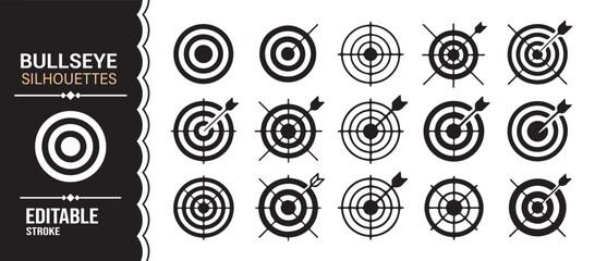 Bullseye target silhouette icon set with crosshairs and accuracy symbols