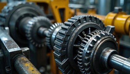 Close-up view of heavy industrial machinery gears in operation. Interlocking metal cogs and shafts rotate within factory setting. Complex mechanical system shows parts engaged in power transmission.
