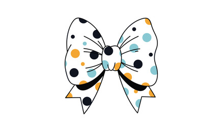 Obraz premium Large white decorative bow with a playful pattern of black, orange, and blue polka dots isolated on a white background.