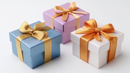Obraz premium Several small gift boxes with different colors and ribbons are placed together on a white surface. These boxes can be used for various celebrations or special events.