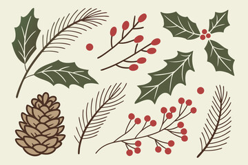 Vibrant Christmas elements with holly, pine branches and cones