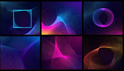Six abstract, digital compositions featuring vibrant lines and gradients on a dark background