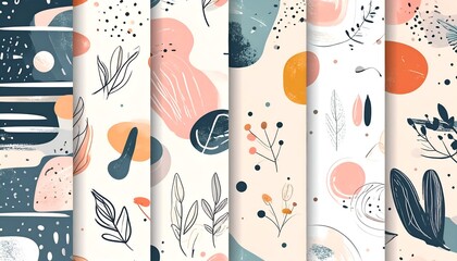 Six seamless patterns in pastel hues, featuring organic shapes and botanical elements