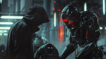 Futuristic scene robots and human interaction depicted in a dark setting