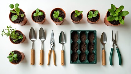 Top view of gardening supplies, including potted seedlings, hand tools. Small plants in brown pots are arranged with trowels, pruners, soil tray. Items laid out for urban farming or indoor planting.