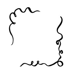 Hand-drawn elegant curly brush strokes creating a minimalist abstract frame. Fluid black ink swirls and loopy border elements on white background for modern graphic design and stationery