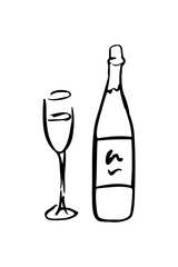 Minimalist hand drawn doodle of a champagne bottle and glass. Simple black ink outline of a wine bottle and flute with artistic brush strokes, isolated on white