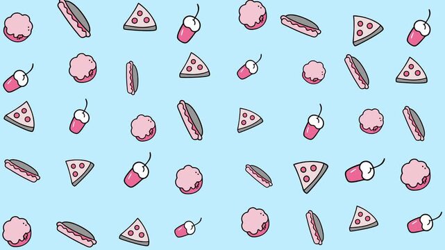 Pattern featuring hotdogs, pizza slices, cupcakes, and cherries. Suitable for foodrelated designs, backgrounds, and social media content creations.