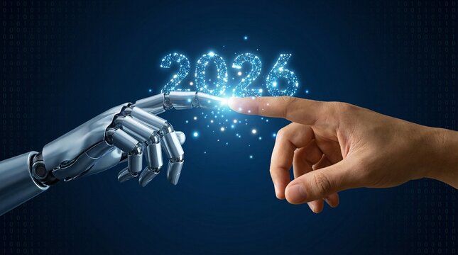 A robotic hand and a human hand meeting in the center to form the year "2026" out of glowing light particles between their fingertips - Powered by Adobe