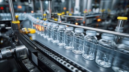 Automated assembly line with plastic water bottles in a modern factory setting.