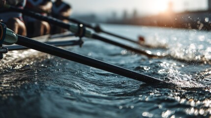 a serene scene of a rowing team on a lake during sunset, their oars slicing through the water as they synchronize in harmony, with the tranquil background highlighting the beauty of nature