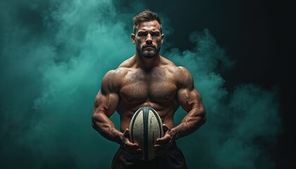 Muscular shirtless man holding rugby ball. Athlete with beard stands in teal smoke. Focused expression, powerful physique intense look. Masculine sportsman ready for match.