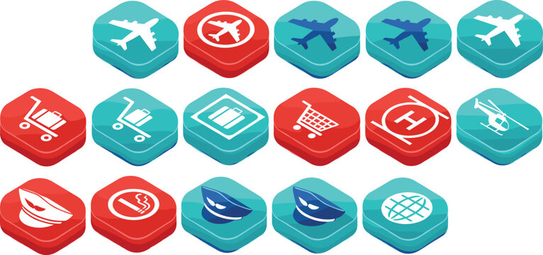 Isometric aviation and travel icon vector set with airplane, ticket, luggage, boarding, and navigation symbols for airport, airline, and tourism interface design
