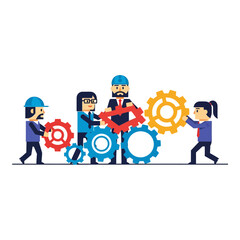Fototapeta premium Vibrant 2D vector illustration: Three minimalist figures rotate interlocking gears, depicting business process alignment, operational efficiency, and collaborative teamwork.