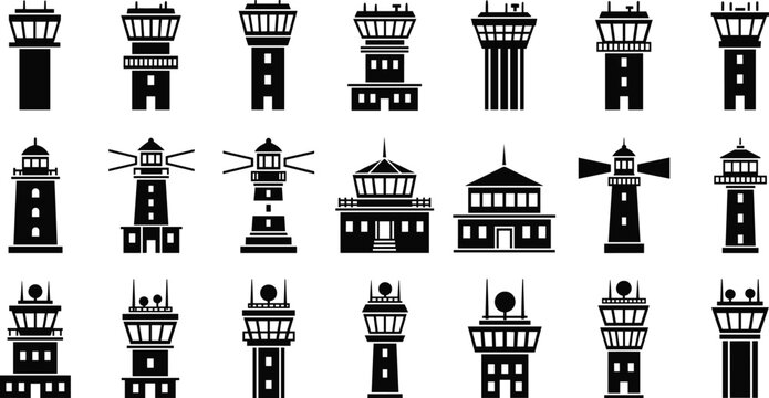 Airport control tower icon vector set with different tower silhouettes and designs, aviation infrastructure symbols for air traffic management and transportation graphics