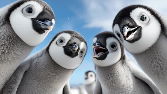 Four penguins are standing in a row, looking at the camera. Scene is playful and lighthearted, as the penguins seem to be posing for a photo