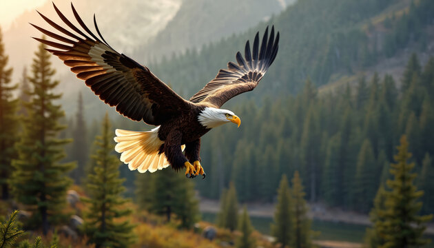 Majestic bald eagle soars with wide wings over dense evergreen forest in wilderness. Bird of prey glides above tree canopy with sharp eyes scanning. - Powered by Adobe