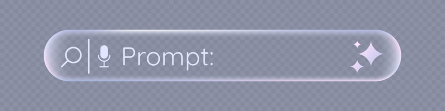 Transparent Generative AI bar design in liquid glass. Artificial intelligence prompt search field. Vector minimalistic design.