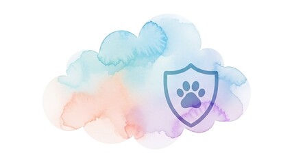 soft abstract watercolor cloud with pet insurance shield icon for veterinary websites, animal care blogs, insurance promotion, brochures, informative flyers and posters, with copy space
