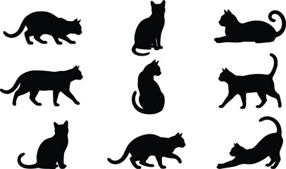 Black cat silhouette collection showing various poses and movements, minimalist feline vector set isolated on gray background for design, icons, and decoration use © Itz Butterfly
