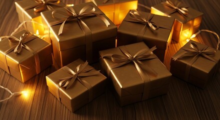 Gift boxes with golden wrapping and bows on a wooden surface illuminated by soft glowing lights