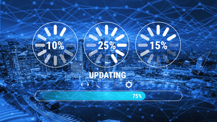 A concept of a system update and software installation. A progress bar and loading icons showing the update percentage and status. Motif
