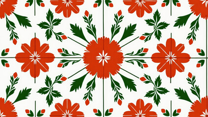 Bright seamless pattern of red and green floral ornaments on white background, traditional decorative art and textile desin