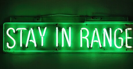Bright green neon sign displays text. Rectangular shape, dark background, metal frame. Simple message, modern aesthetic.