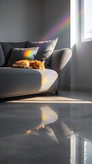 Cat relaxing on sofa with rainbow light