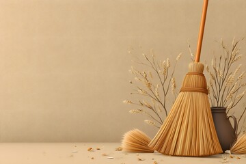 3D cartoon traditional broom leaning on right edge warm beige background for cleaning housework, home maintenance and domestic chore concepts in a simple digital style