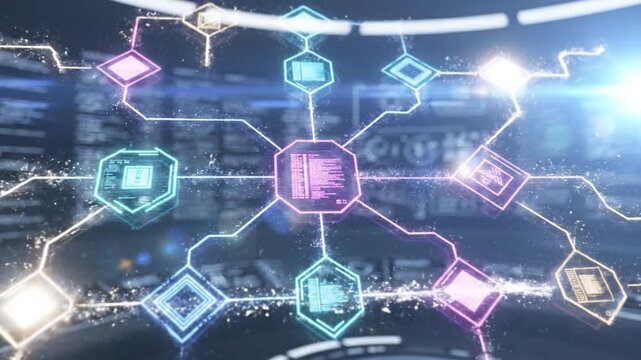 Futuristic network digital node blockchain concept data connection neon interface cyber Futuristic control room with floating neon data panels holographic interface and blurred code displays creating