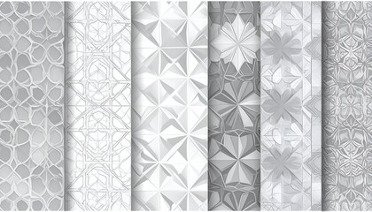 Seven vertical panels displaying different white, textured, geometric patterns