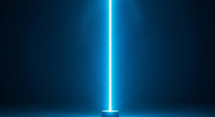 A vertical neon light beam illuminates a dark background with a subtle glow effect